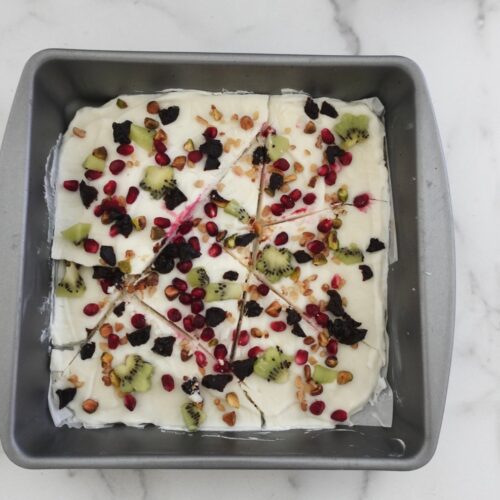 Greek yogurt bark in baking sheet