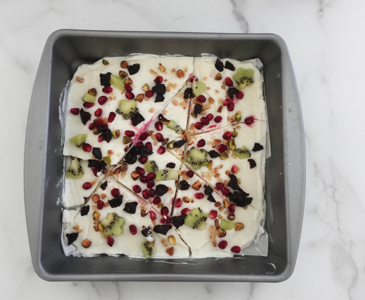 Greek yogurt bark in baking sheet