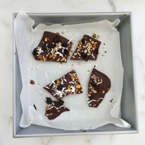Low sugar chocolate bark with prunes and nuts