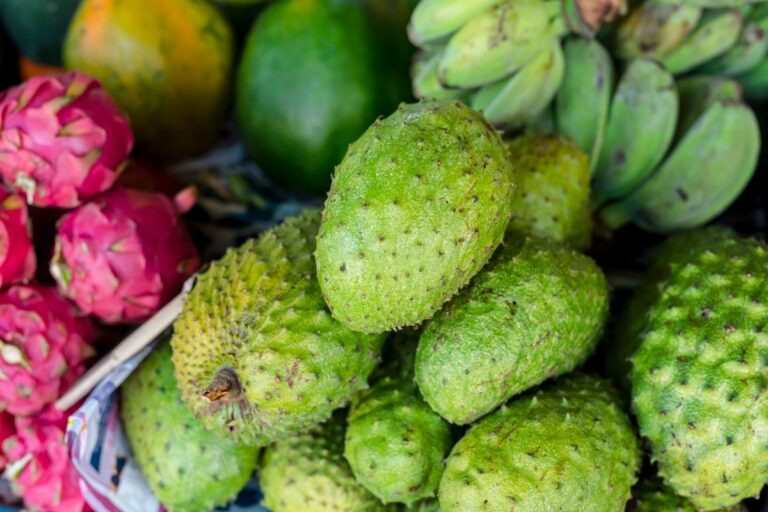 Guyabano, and other tropical fruits for sale at a public market