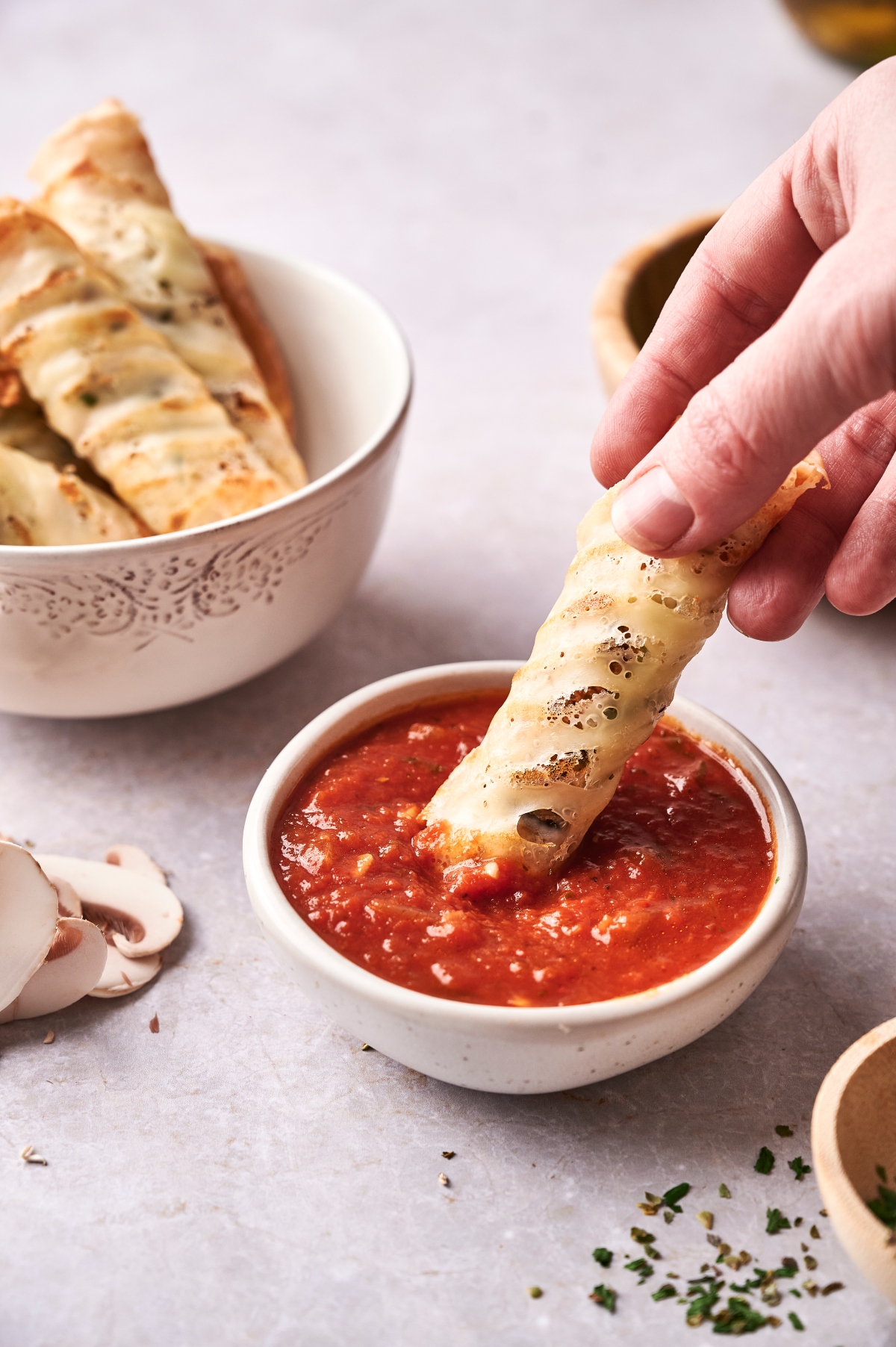 Keto pizza rolls and dip