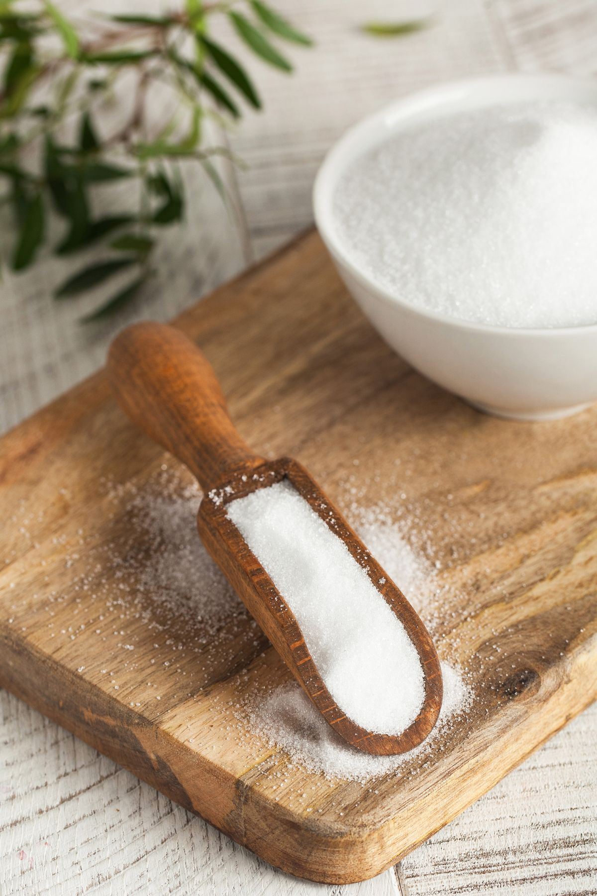 Erythritol in a white bowl and in a wooden spoon