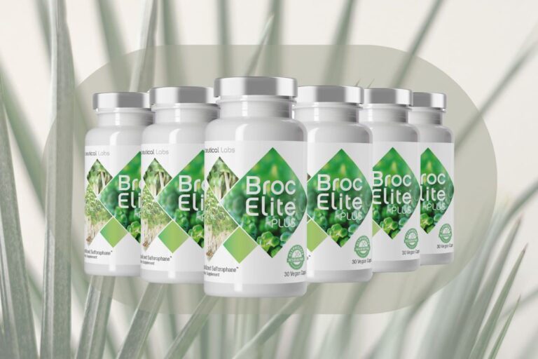 BrocElite sulforaphane supplement packages with a leaf in the background