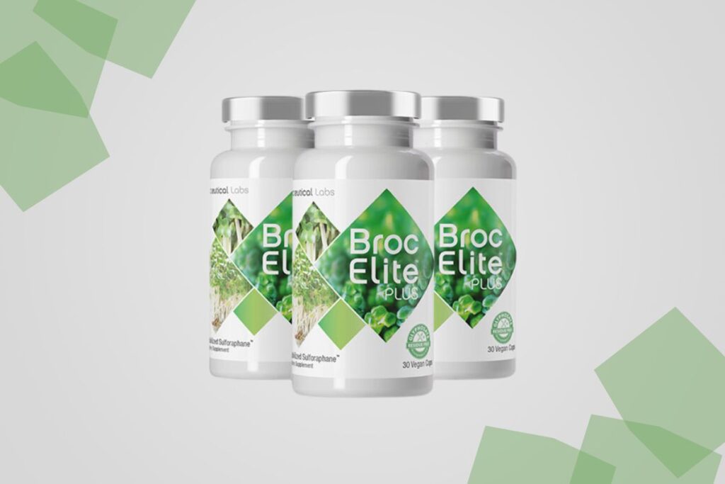 BrocElite supplements in white bottles