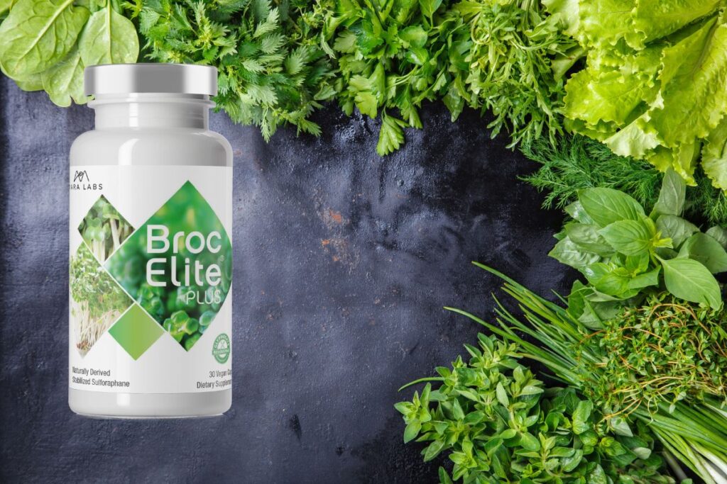 Green leafy vegetables and a pack of BrocElite supplement