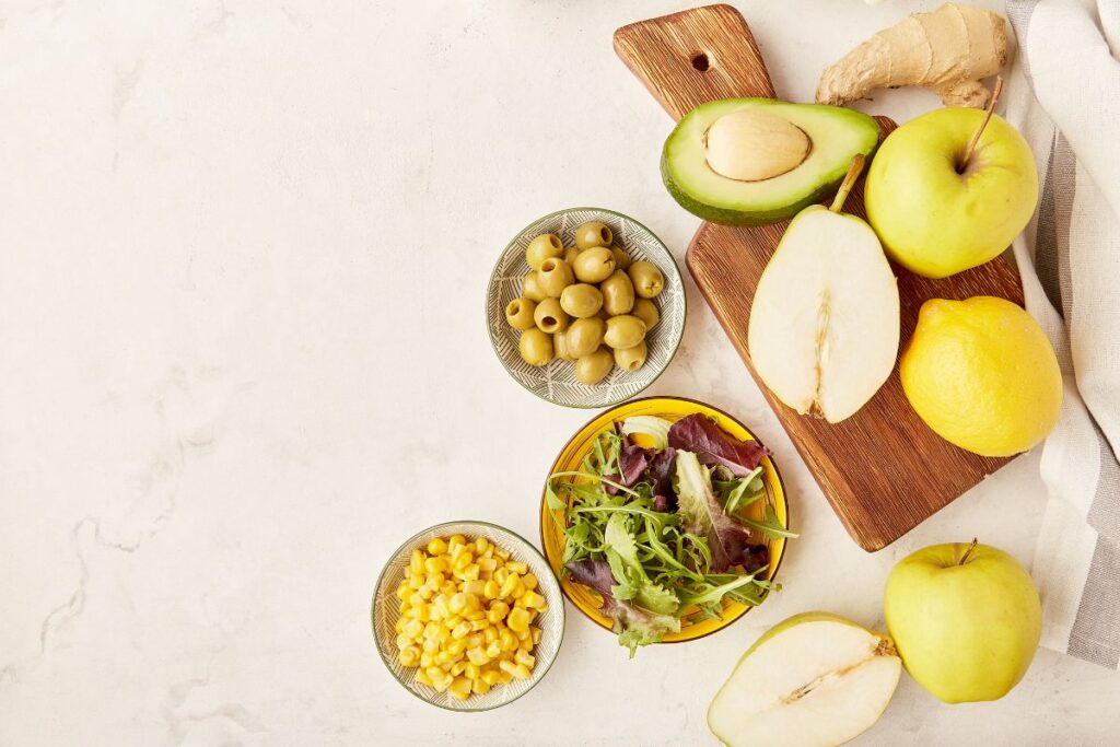 Vegetable, fruits, greens and olives