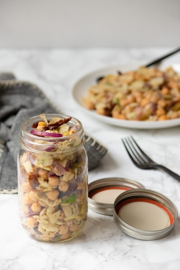 Chickpea artichoke salad in a jar