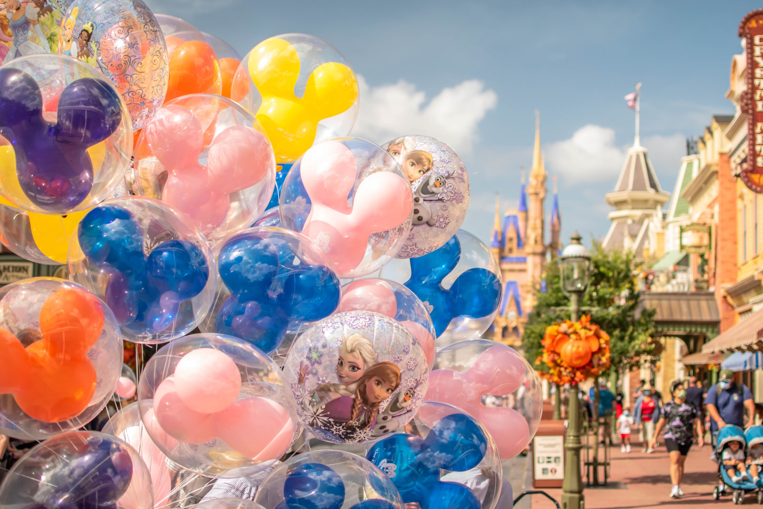 ballons in front of Magic kingdom Disney world view of Cinderellas Castle