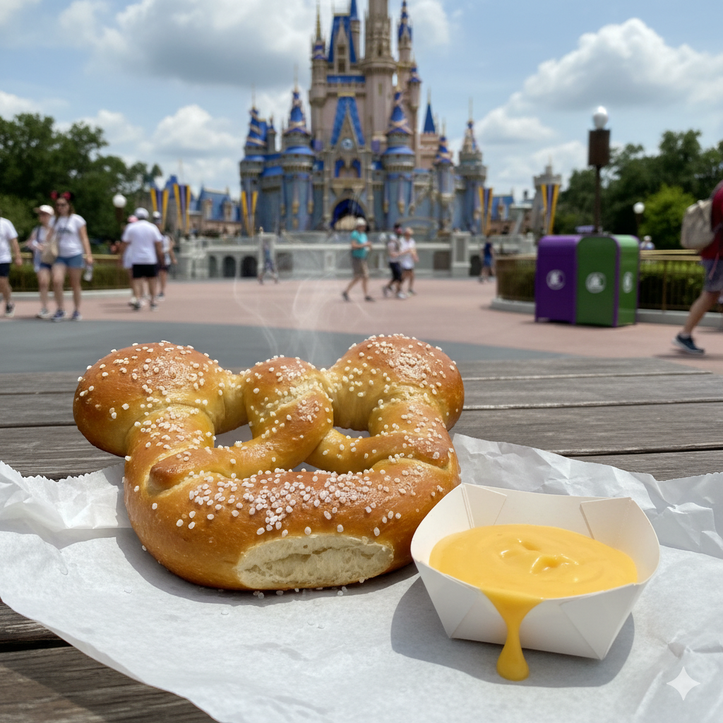 Mickey pretzel in front of castle at Magic kingdom