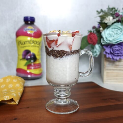 yogurt chia parfait with PlumGood juice
