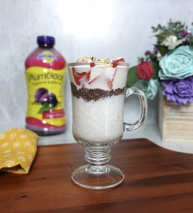 yogurt chia parfait with PlumGood juice