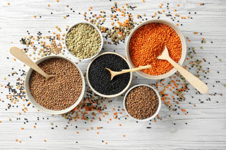 Different type of lentils in bowls