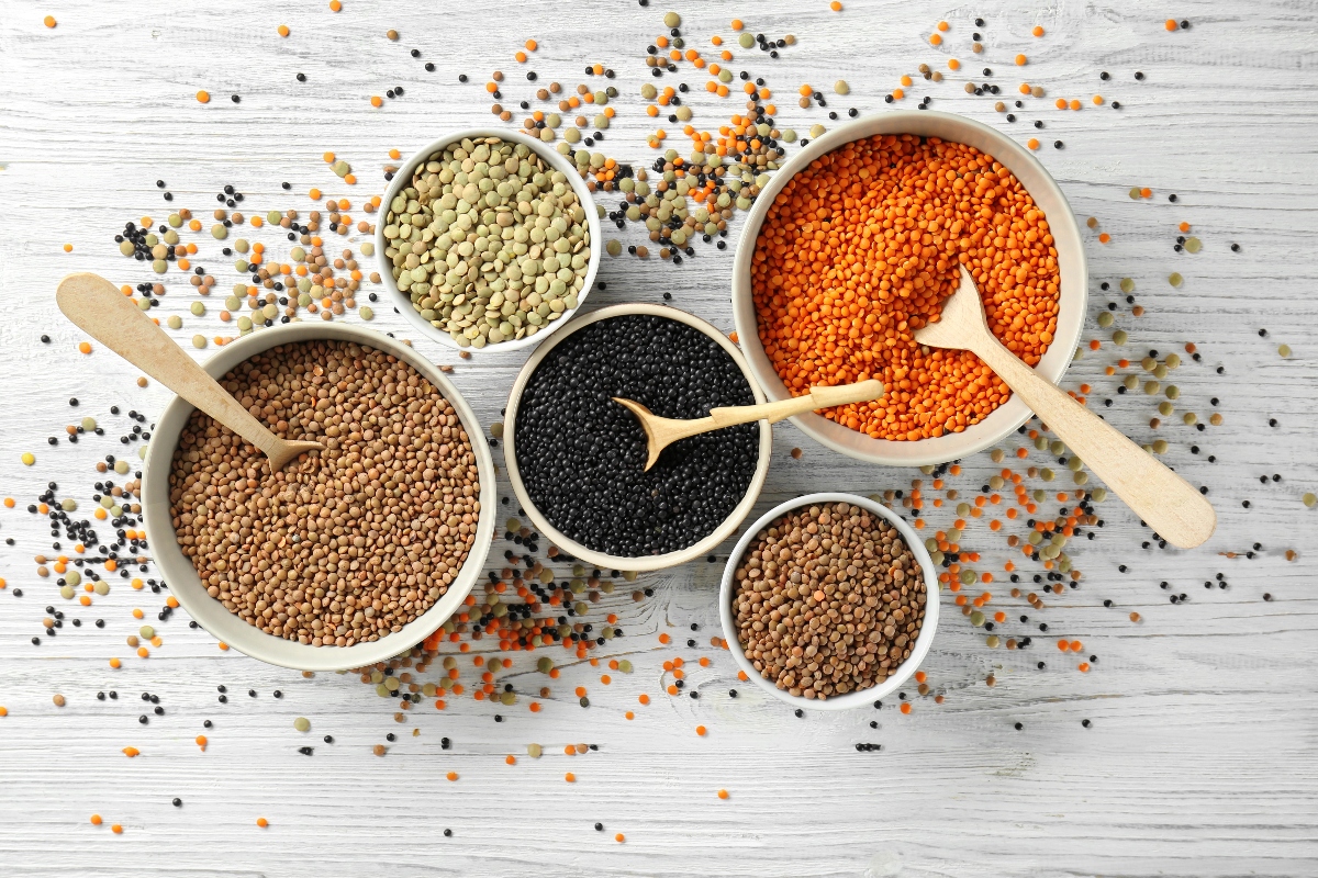 Different type of lentils in bowls